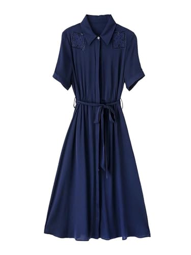 Vestido de seda de morera para mujer, de longitud media, con solapa, color liso, estilo versátil e intelectual