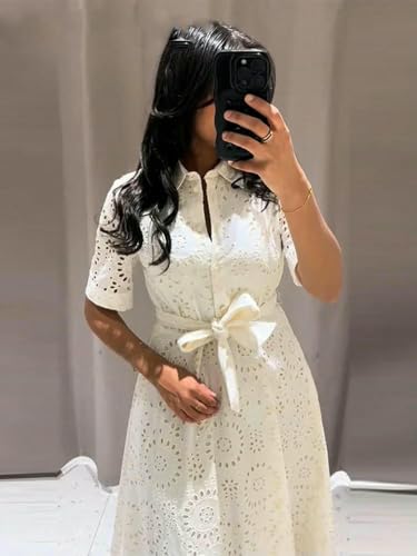Vestido de verano para mujer con bordados, escote elegante, cinturón, botones, cuello de solapa y manga corta