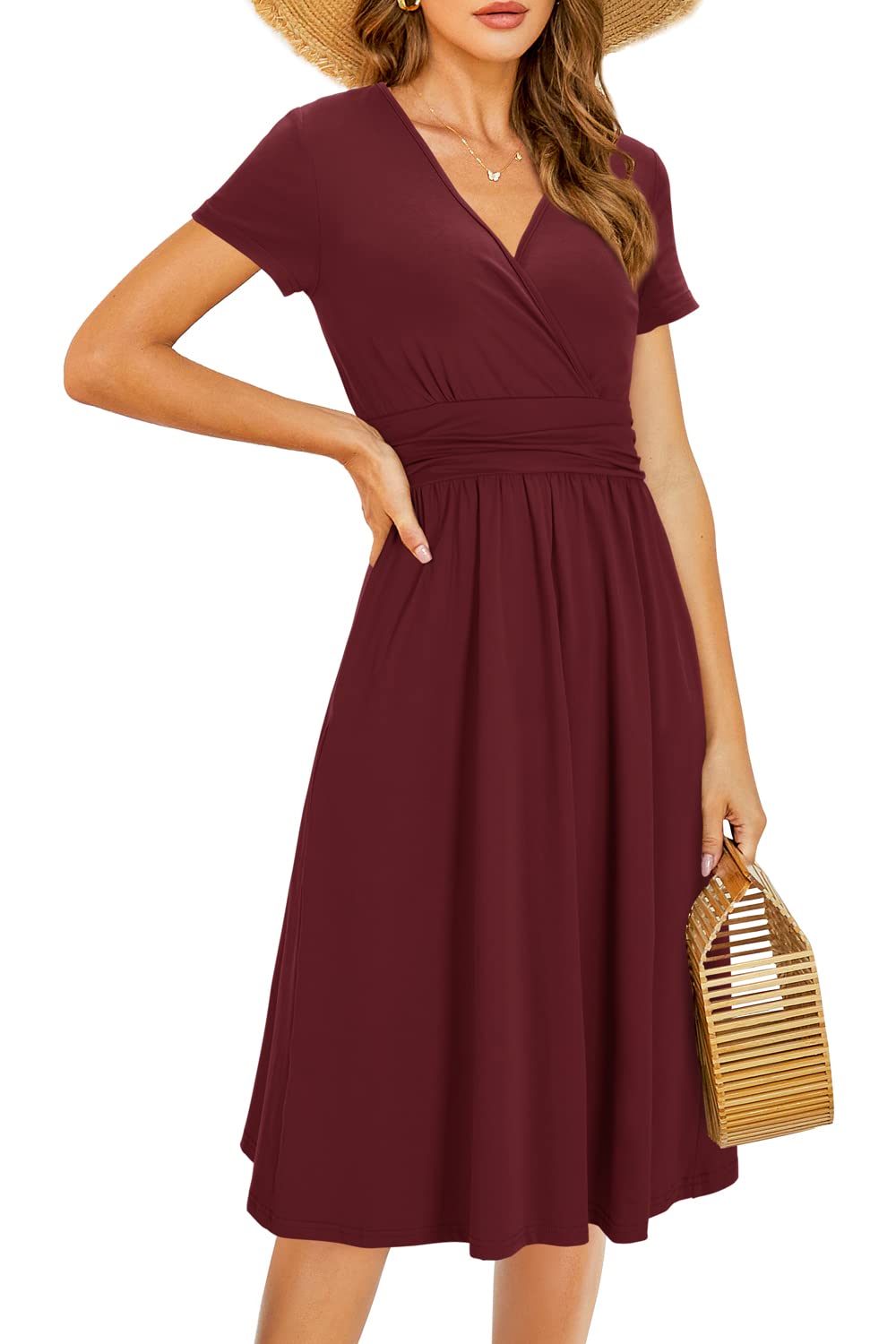 Vestido de verano para mujer, floral, manga corta, hasta la rodilla, con bolsillos, estilo casual y cómodo