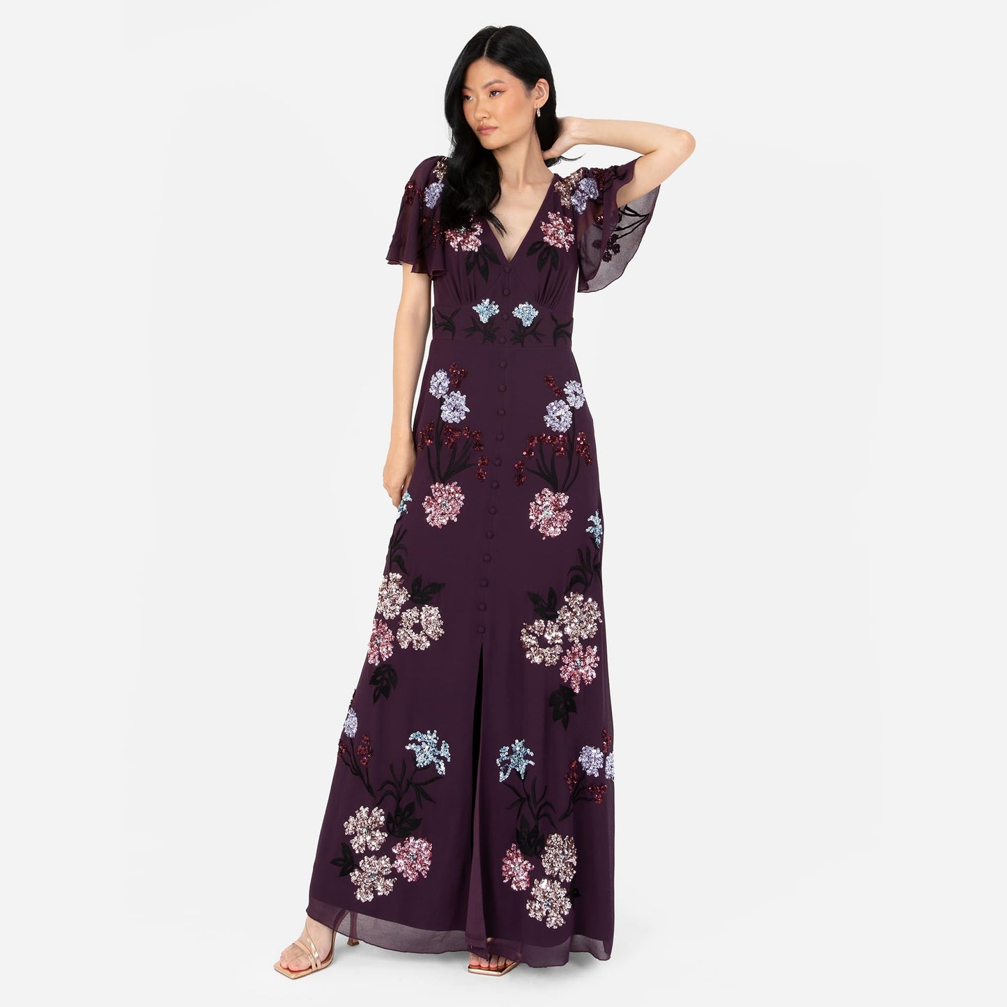 Vestido maxi para mujer con bordados, lentejuelas, botones delanteros y abertura, ideal para bodas, fiestas y eventos especiales