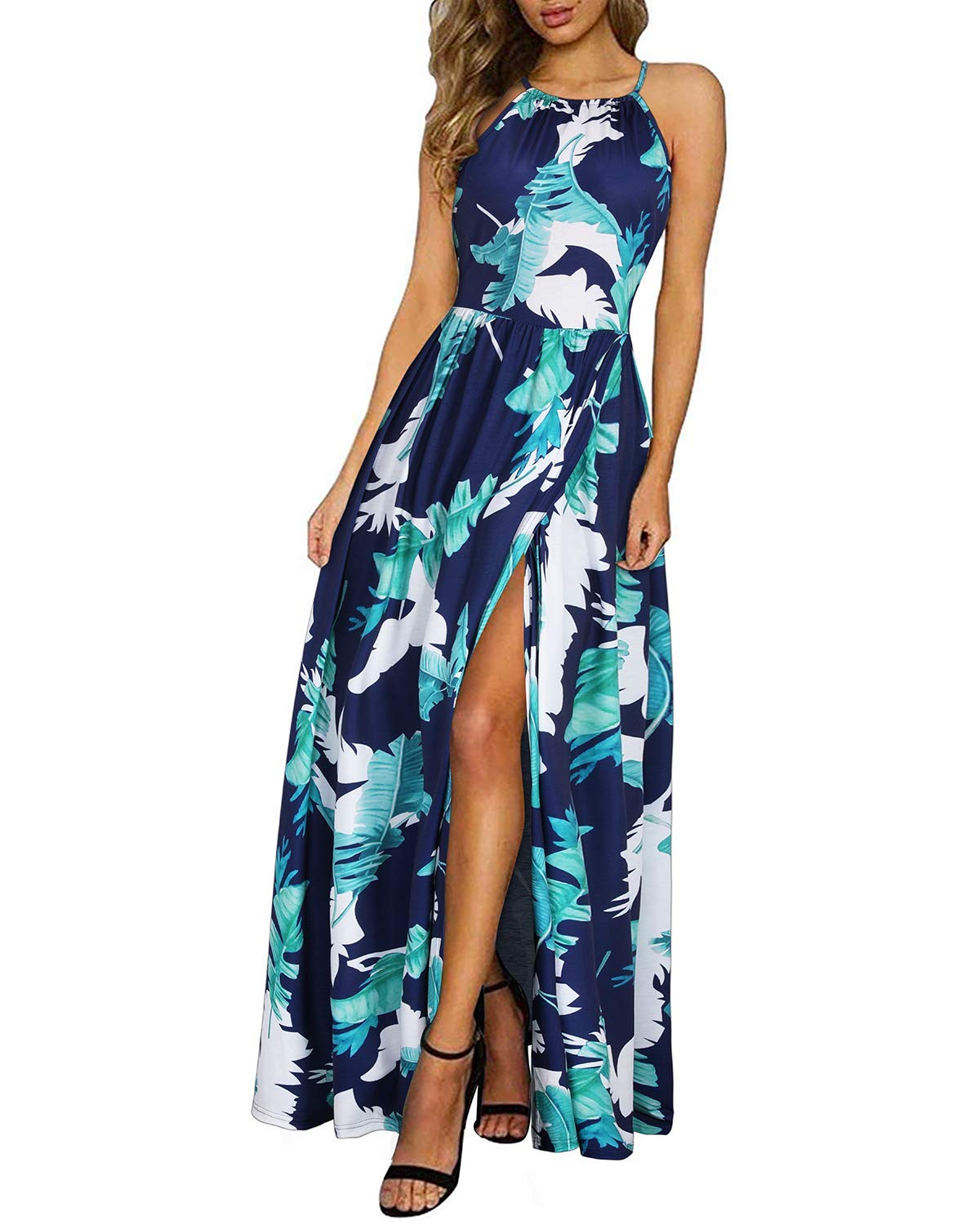 Vestido largo de verano para mujer con cuello halter, elegante, ideal para fiesta, invitadas de boda o uso casual, con abertura