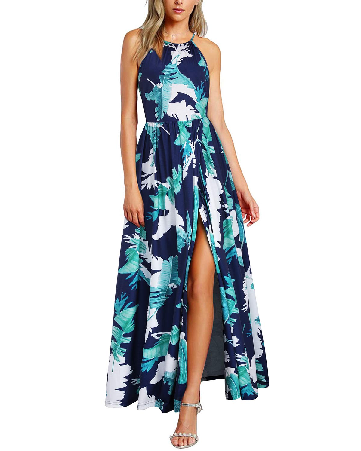 Vestido largo de verano para mujer con cuello halter, elegante, ideal para fiesta, invitadas de boda o uso casual, con abertura