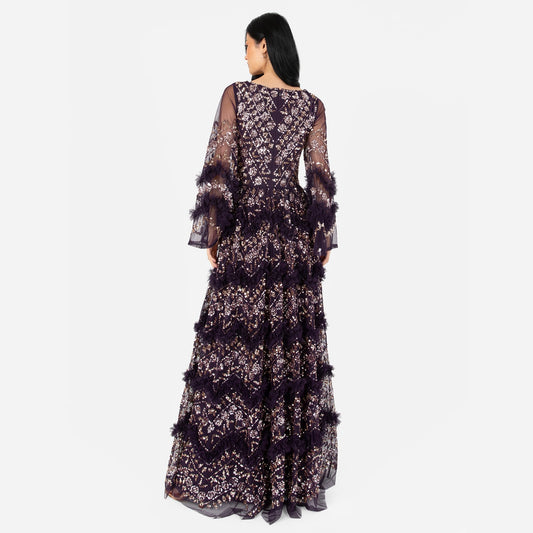 Vestido largo para mujer con escote en V, lentejuelas, volantes, cintura imperio y abertura, ideal para fiesta, boda o eventos especiales