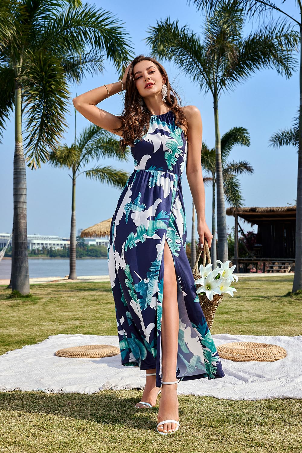 Vestido largo de verano para mujer con cuello halter, elegante, ideal para fiesta, invitadas de boda o uso casual, con abertura