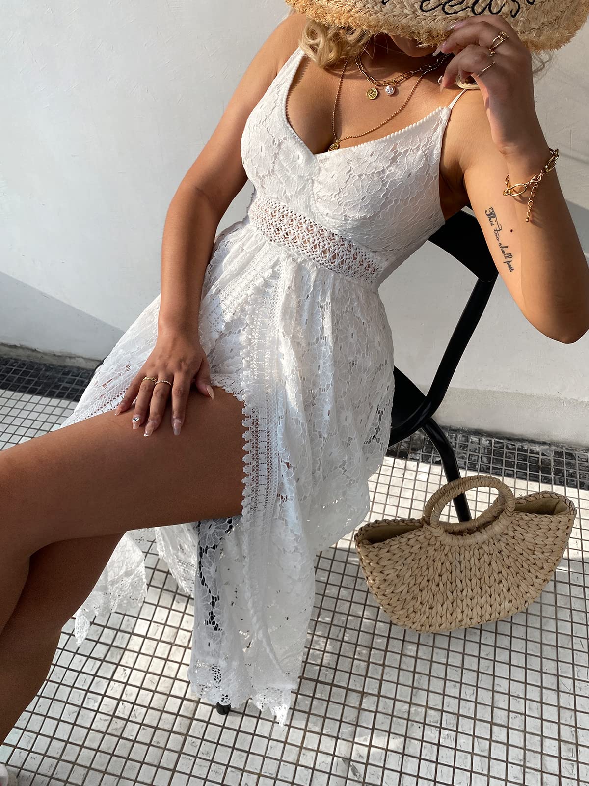 Vestido maxi de verano para mujer con fruncido, cuello en V, tirantes spaghetti y espalda descubierta, estilo alto-bajo