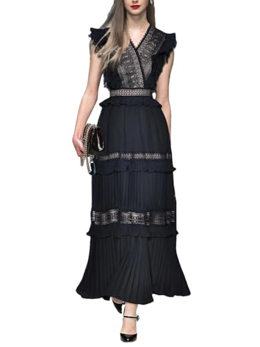 Vestido de princesa sin mangas para mujer con volantes y detalles huecos, estilo elegante