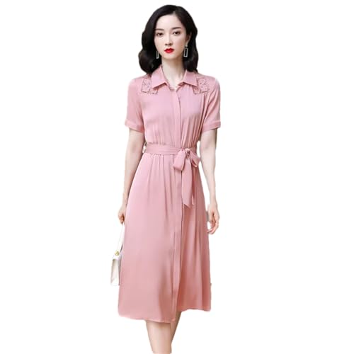 Vestido de seda de morera para mujer, de longitud media, con solapa, color liso, estilo versátil e intelectual