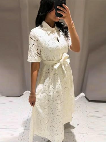 Vestido de verano para mujer con bordados, escote elegante, cinturón, botones, cuello de solapa y manga corta