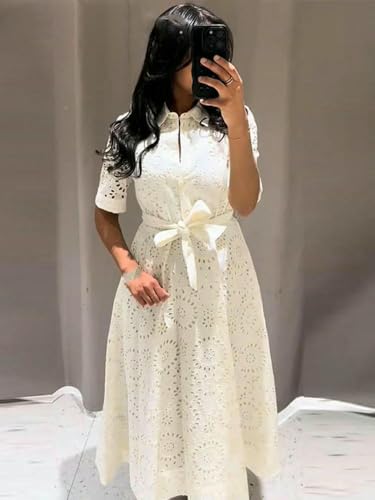 Vestido de verano para mujer con bordados, escote elegante, cinturón, botones, cuello de solapa y manga corta