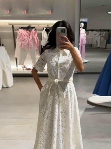 Vestido de verano para mujer con bordados, escote elegante, cinturón, botones, cuello de solapa y manga corta