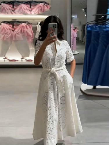 Vestido de verano para mujer con bordados, escote elegante, cinturón, botones, cuello de solapa y manga corta