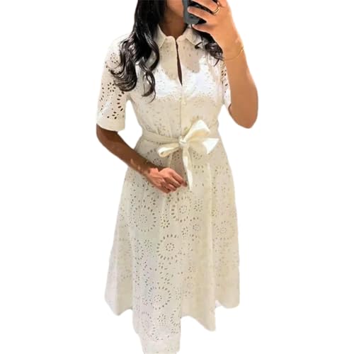 Vestido de verano para mujer con bordados, escote elegante, cinturón, botones, cuello de solapa y manga corta