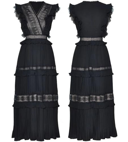 Vestido de princesa sin mangas para mujer con volantes y detalles huecos, estilo elegante