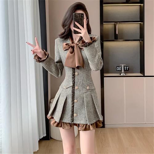 Vestido corto de tweed para mujer con volantes, manga larga y botones, estilo elegante y moderno