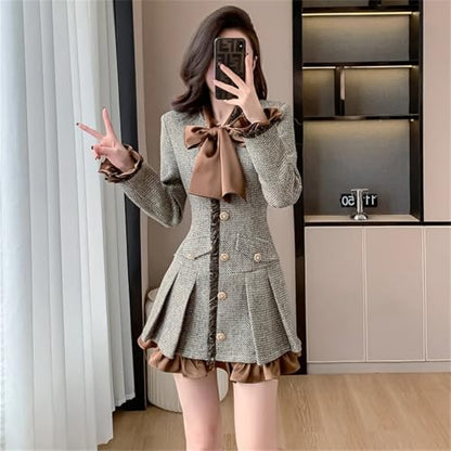 Vestido corto de tweed para mujer con volantes, manga larga y botones, estilo elegante y moderno