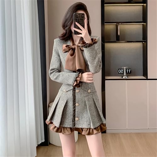 Vestido corto de tweed para mujer con volantes, manga larga y botones, estilo elegante y moderno