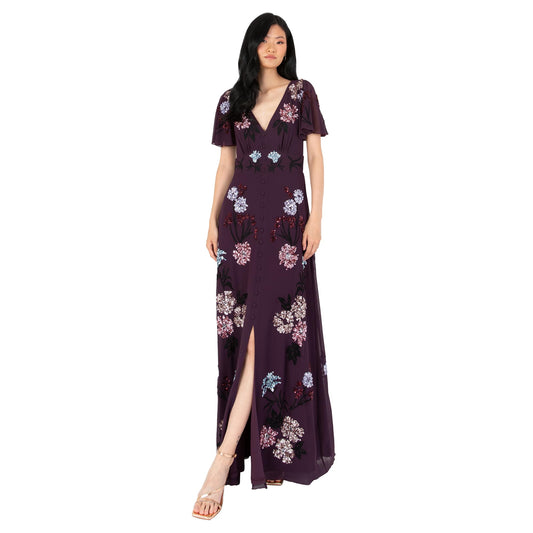 Vestido maxi para mujer con bordados, lentejuelas, botones delanteros y abertura, ideal para bodas, fiestas y eventos especiales
