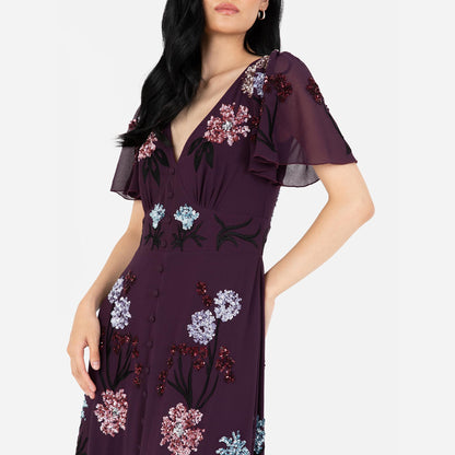 Vestido maxi para mujer con bordados, lentejuelas, botones delanteros y abertura, ideal para bodas, fiestas y eventos especiales