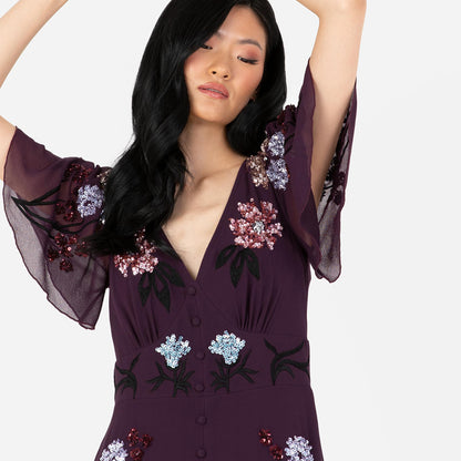 Vestido maxi para mujer con bordados, lentejuelas, botones delanteros y abertura, ideal para bodas, fiestas y eventos especiales