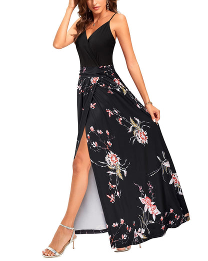 Vestido maxi de verano para mujer con cuello en V, abertura y diseño floral, estilo casual y elegante, ideal para invitadas de boda
