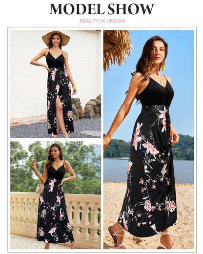 Vestido maxi de verano para mujer con cuello en V, abertura y diseño floral, estilo casual y elegante, ideal para invitadas de boda