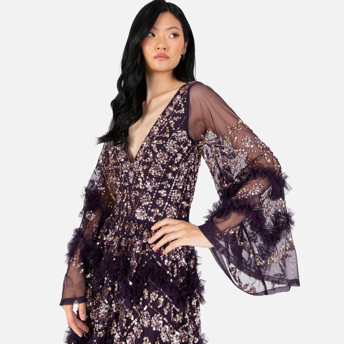 Vestido largo para mujer con escote en V, lentejuelas, volantes, cintura imperio y abertura, ideal para fiesta, boda o eventos especiales