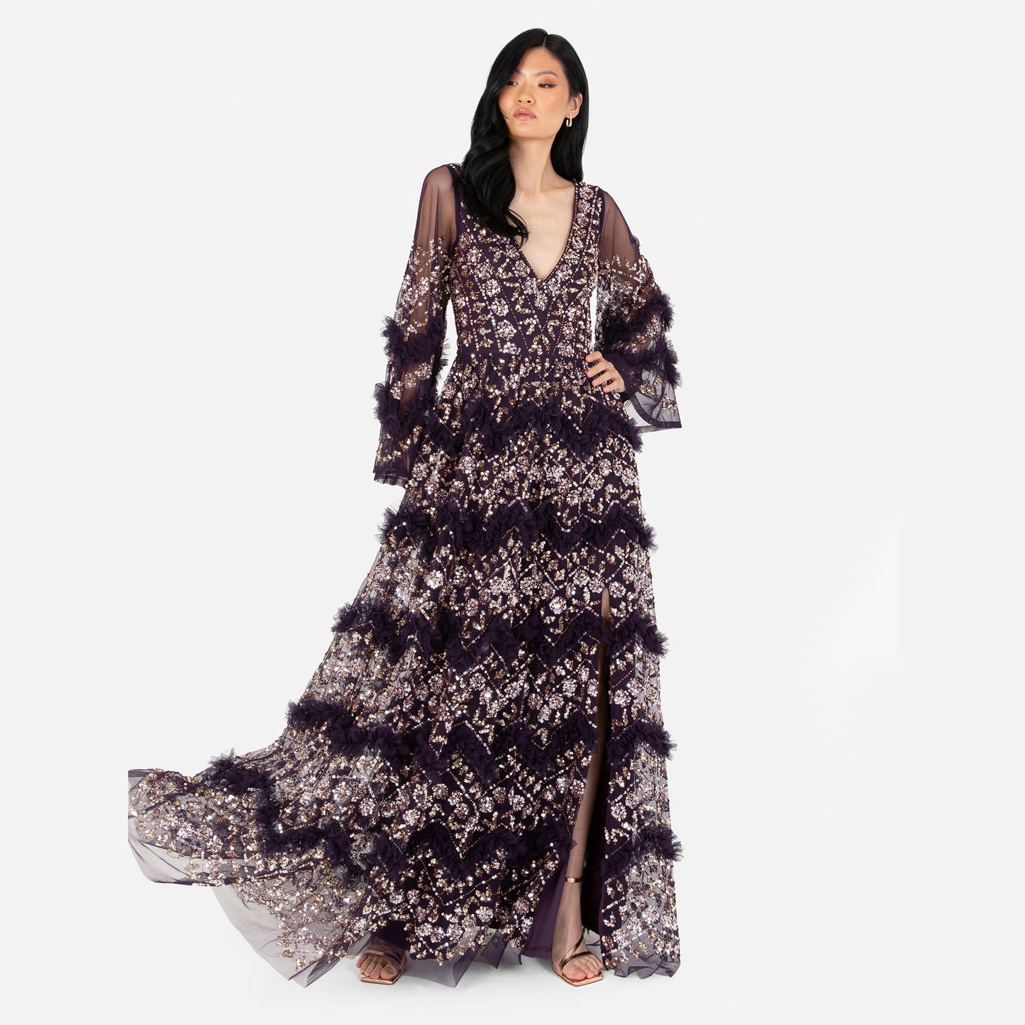 Vestido largo para mujer con escote en V, lentejuelas, volantes, cintura imperio y abertura, ideal para fiesta, boda o eventos especiales