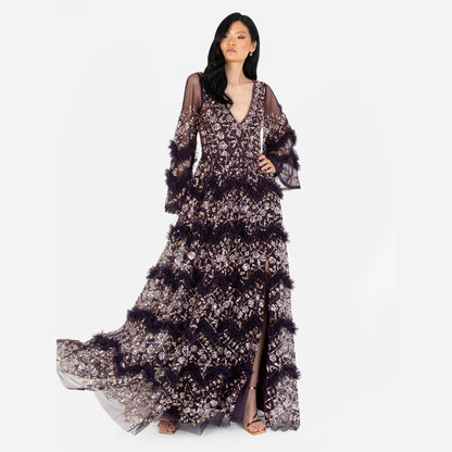 Vestido largo para mujer con escote en V, lentejuelas, volantes, cintura imperio y abertura, ideal para fiesta, boda o eventos especiales