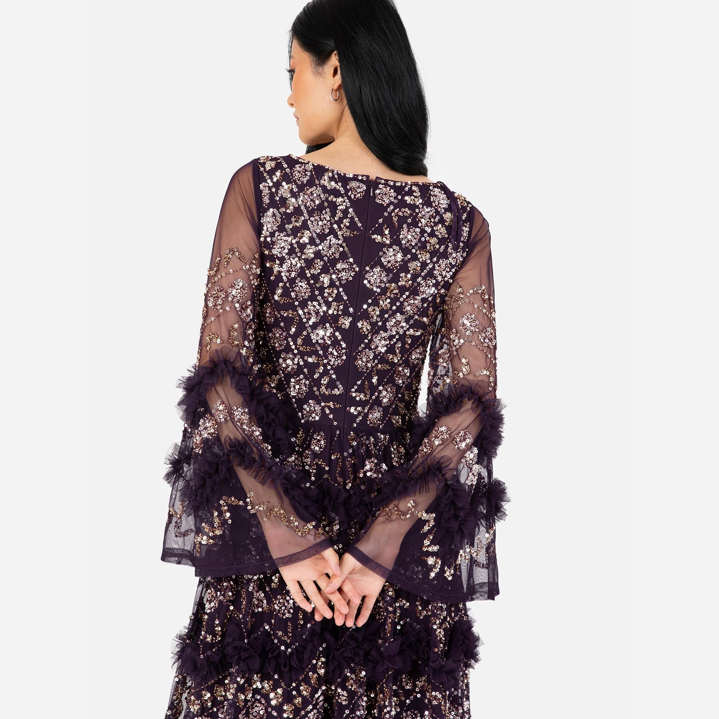 Vestido largo para mujer con escote en V, lentejuelas, volantes, cintura imperio y abertura, ideal para fiesta, boda o eventos especiales