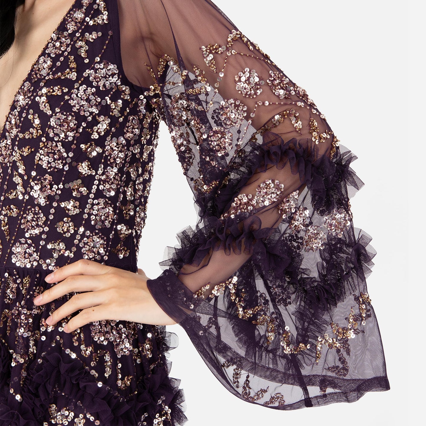 Vestido largo para mujer con escote en V, lentejuelas, volantes, cintura imperio y abertura, ideal para fiesta, boda o eventos especiales